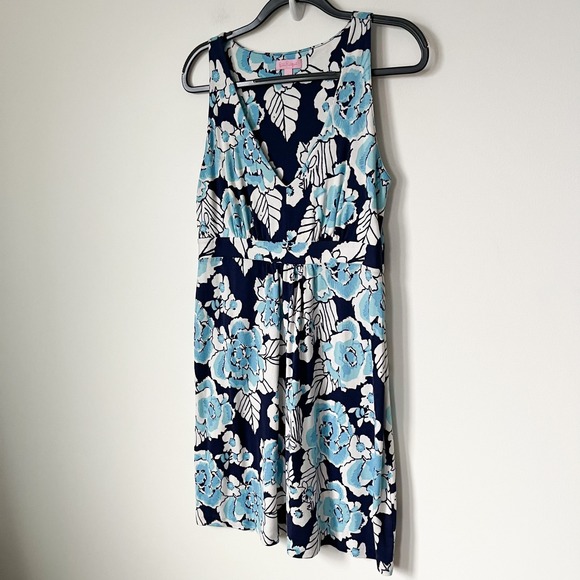 Lilly Pulitzer Silk Blend Patty Dress Low Tide Navy Bouquet All Day Womens Large - Picture 2 of 12